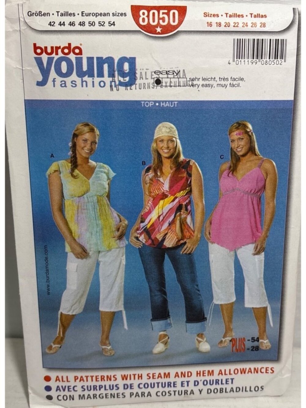 Tunic Tops Sewing Pattern Burda Young Fashion 8050 Wm Plus Size 16-28 Uncut